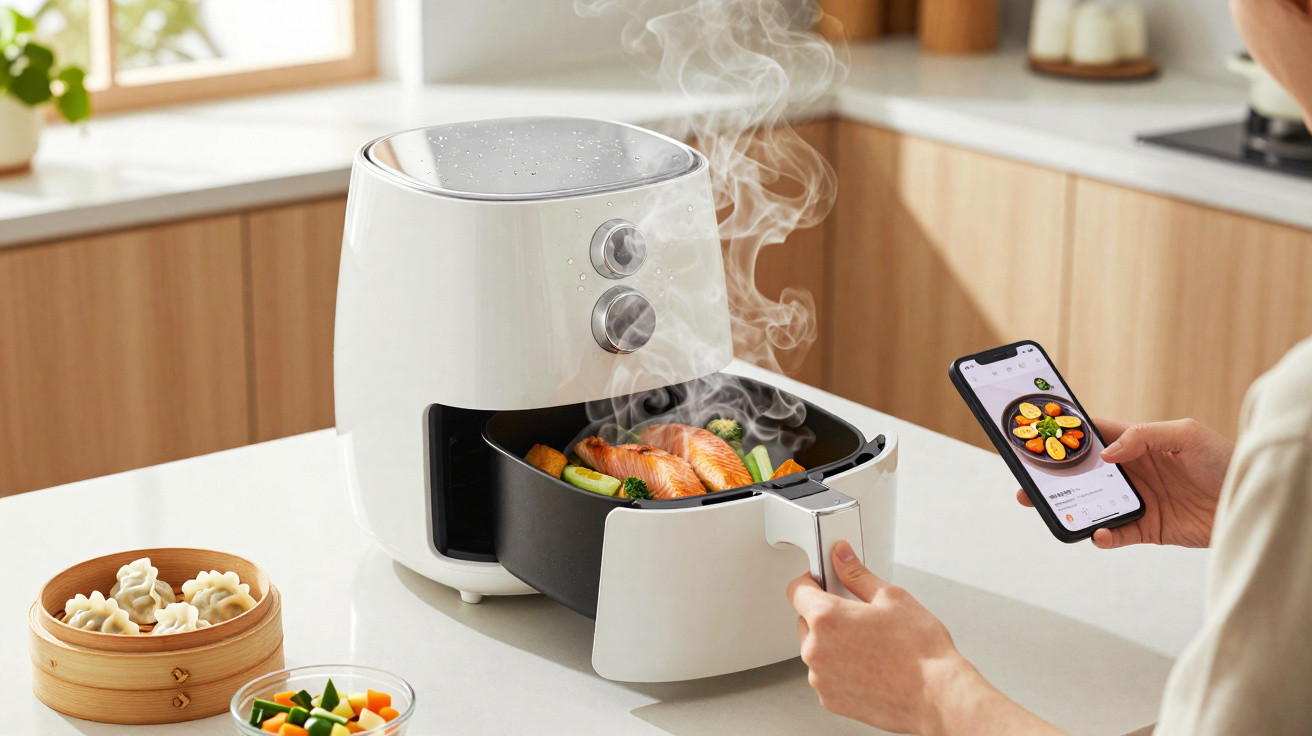 Pessoa a retirar comida fumegante de um forno de ar quente, segurando um telemóvel com receita na cozinha moderna.