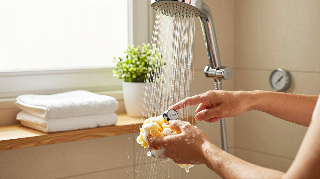 Braço a pressionar botão de pausa num chuveiro com fluxo de água a cair e outra mão a segurar esponja amarela.