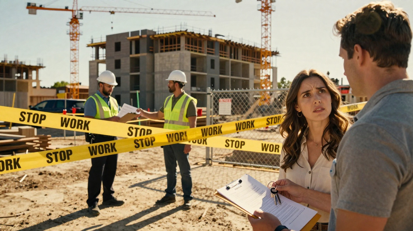 Trabalhadores de construção com coletes e capacetes atrás de fita amarela "Stop Work" numa obra suspensa.