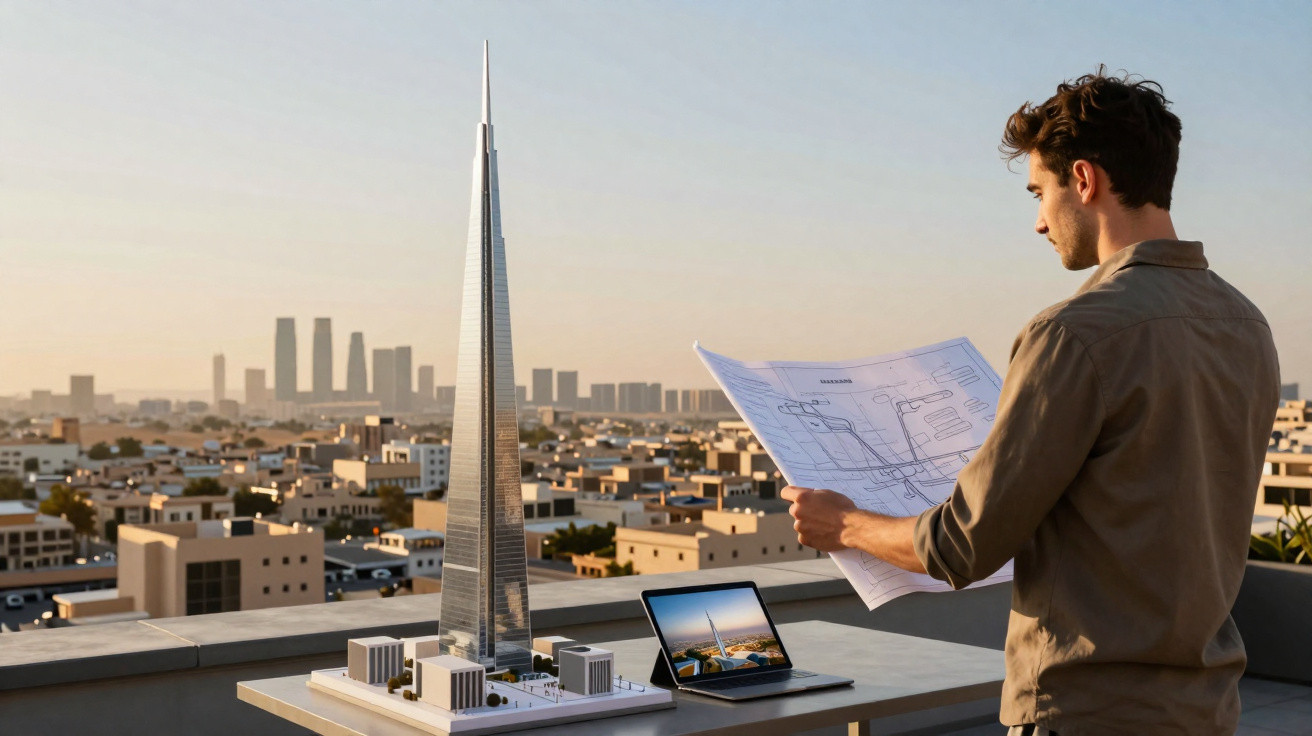 Homem a analisar planta arquitetónica junto a maquete de arranha-céus numa varanda com vista urbana ao pôr do sol.
