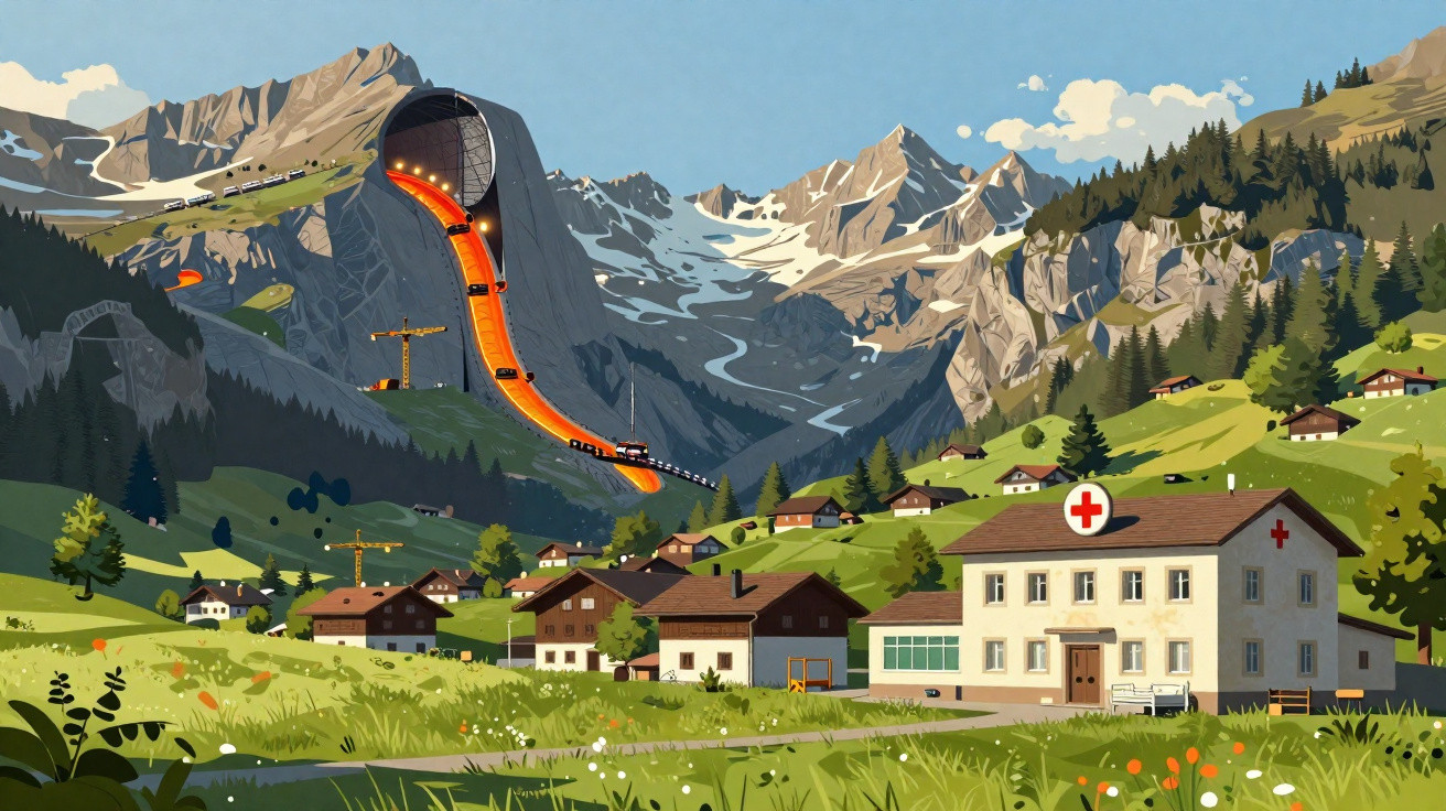 Ilustração de vila alpina com montanhas, comboio vermelho e túnel laranja na encosta rochosa.