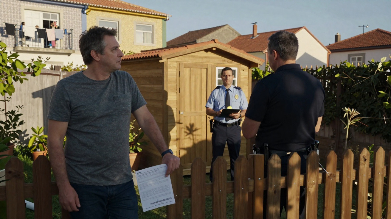Homem conversa com polícia no jardim de uma casa perto de um celeiro de madeira, com casas ao fundo.