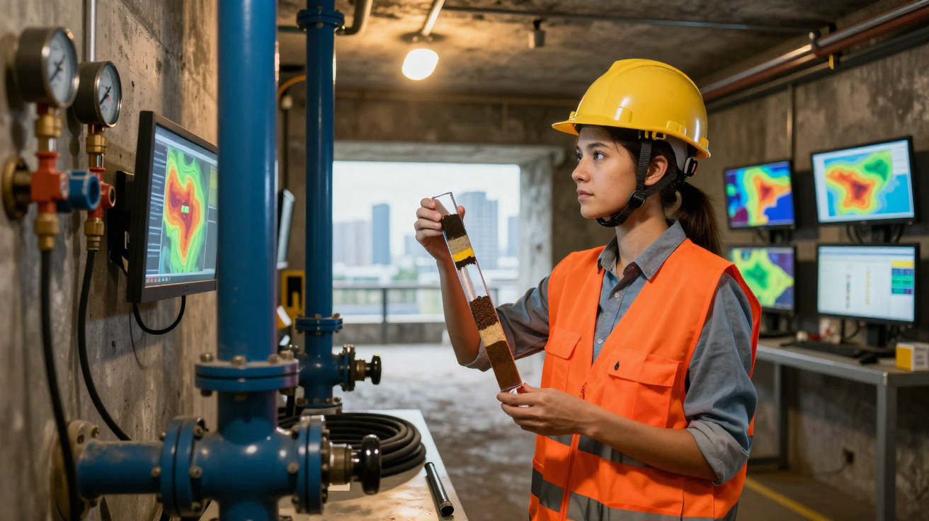 Engenheira de segurança com colete e capacete amarelo analisa amostra num laboratório industrial de tubagens.