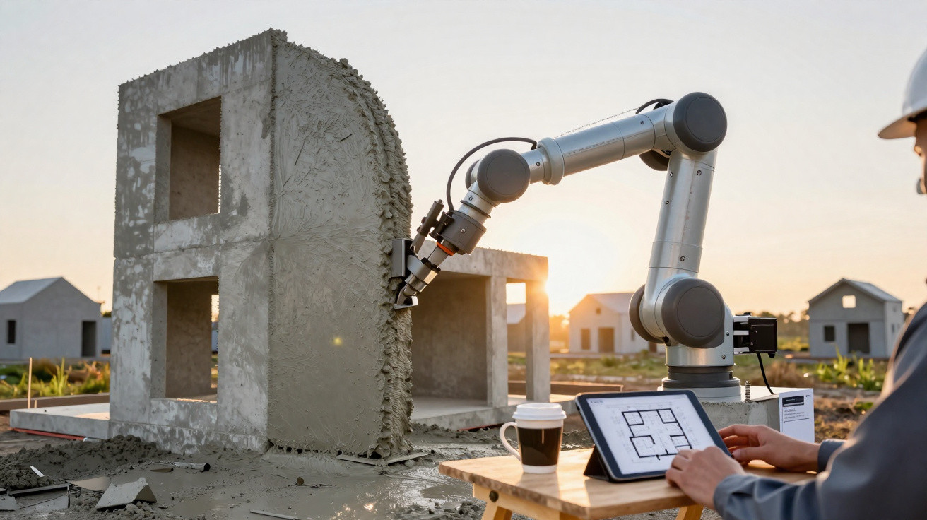 Robô de construção aplica argamassa em estrutura de casa, enquanto trabalhador consulta planta num tablet.