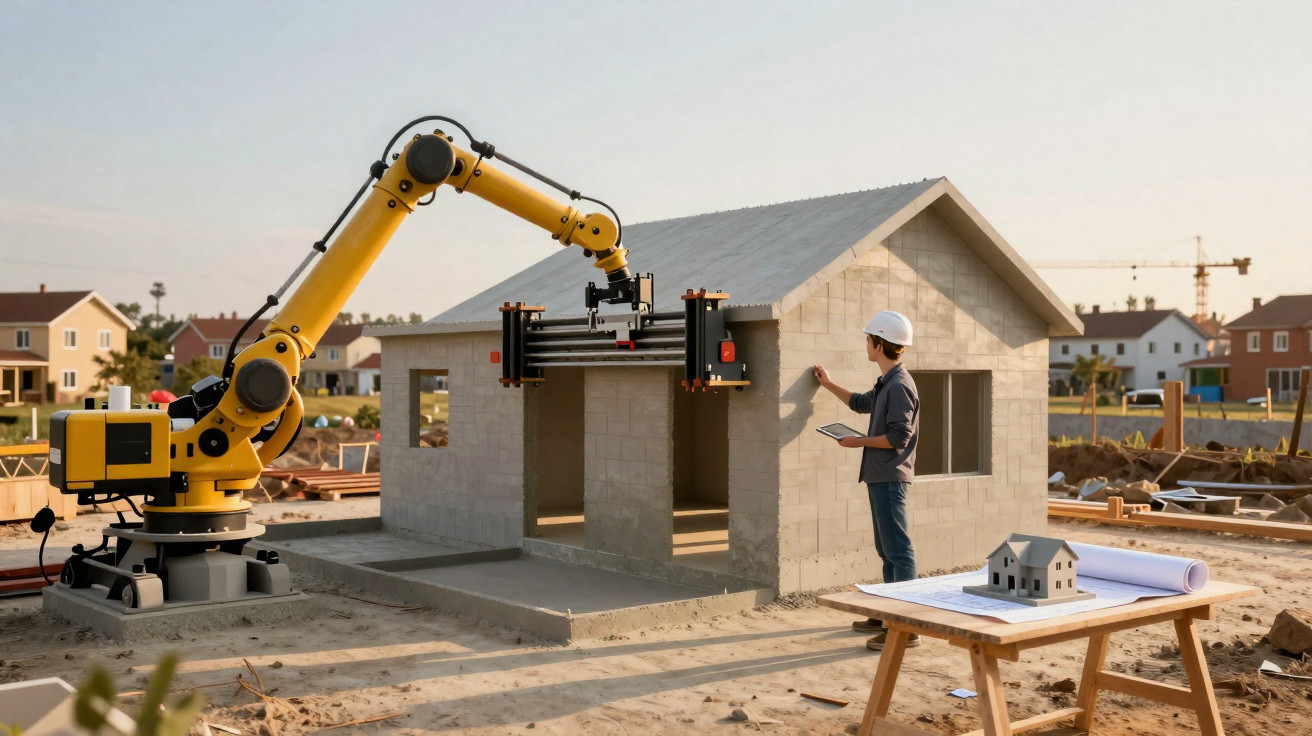 Robô e trabalhador com capacete a construir casa em impressão 3D num estaleiro, com projeto na mesa.