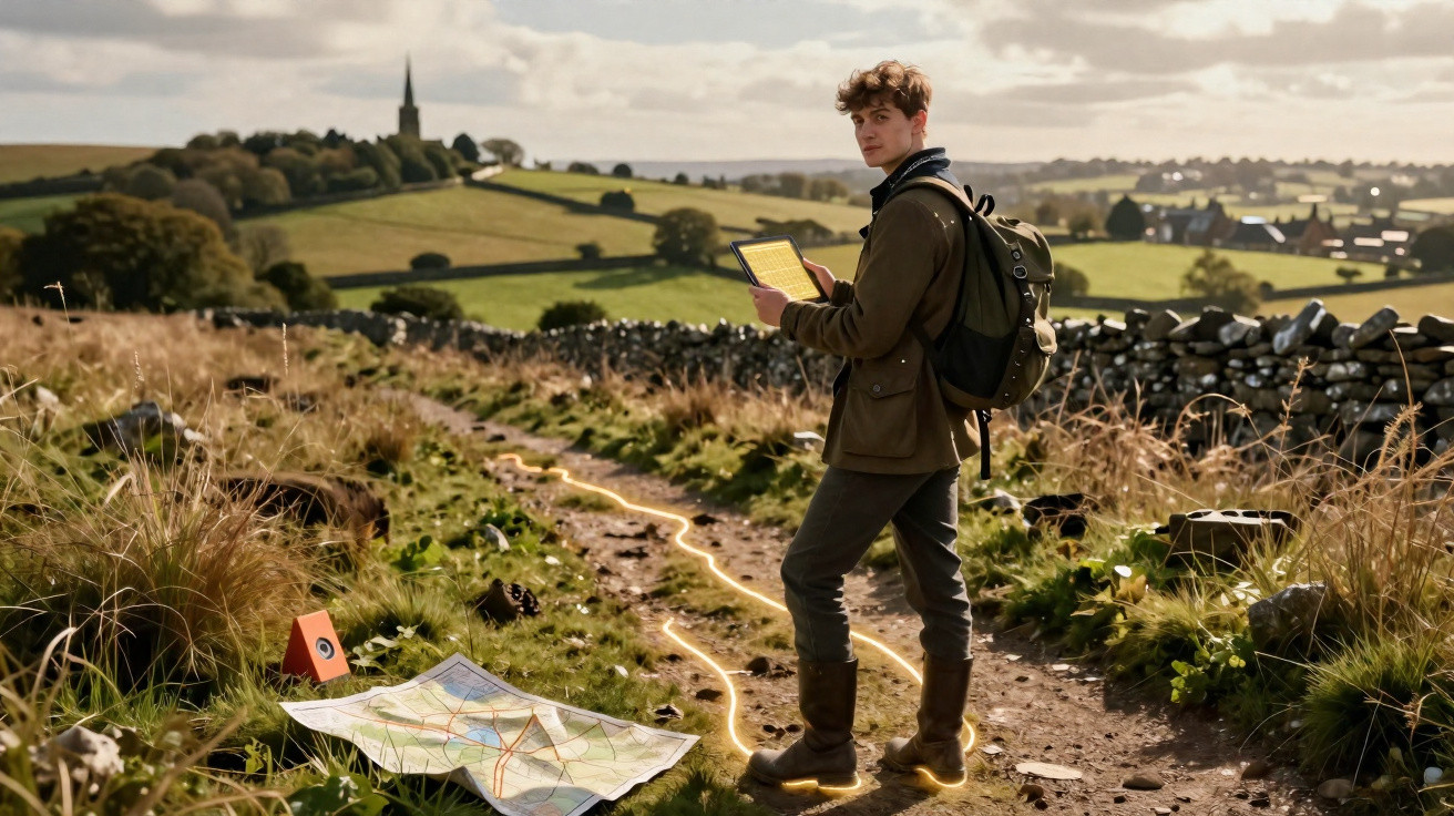 Jovem com tablet na mão segue trilho rural iluminado, com mapa e GPS no chão, paisagem campestre ao fundo.