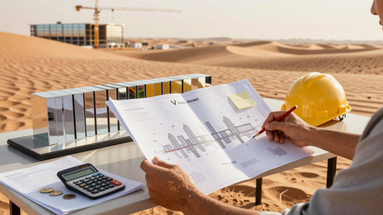 Pessoa a analisar plantas de construção numa mesa no deserto com capacete e maquete de edifício.