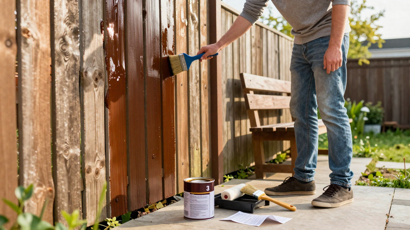 Pessoa a pintar uma vedação de madeira com verniz castanho num jardim ensolarado.