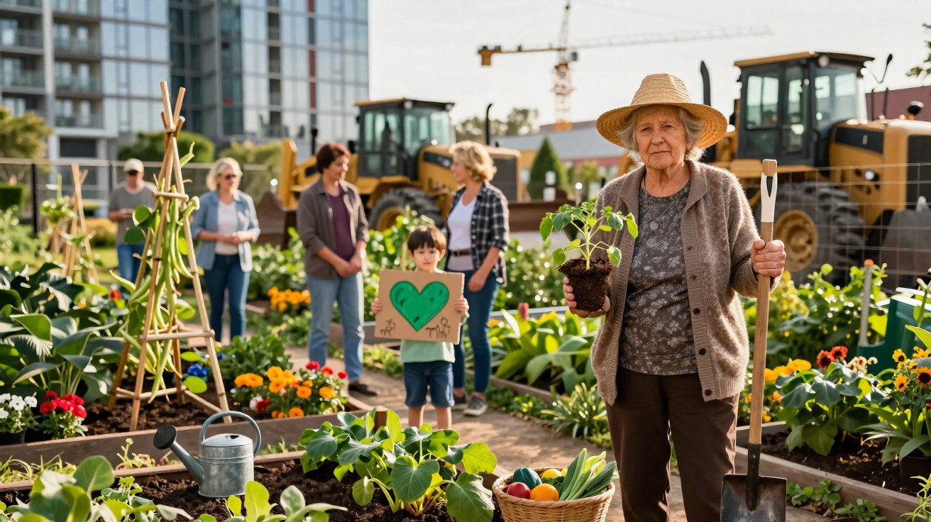 Grupo intergeracional a trabalhar numa horta urbana, com plantas, legumes e equipamento agrícola ao fundo.