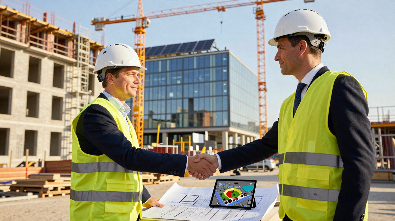 Dois homens com coletes e capacetes de segurança apertam as mãos numa obra em construção.