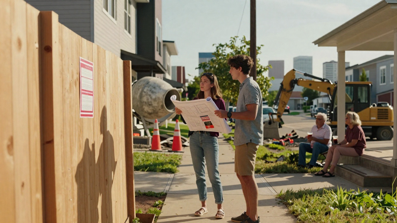 Casal jovem a discutir plantas de construção num bairro com maquinaria e vizinhos ao fundo.
