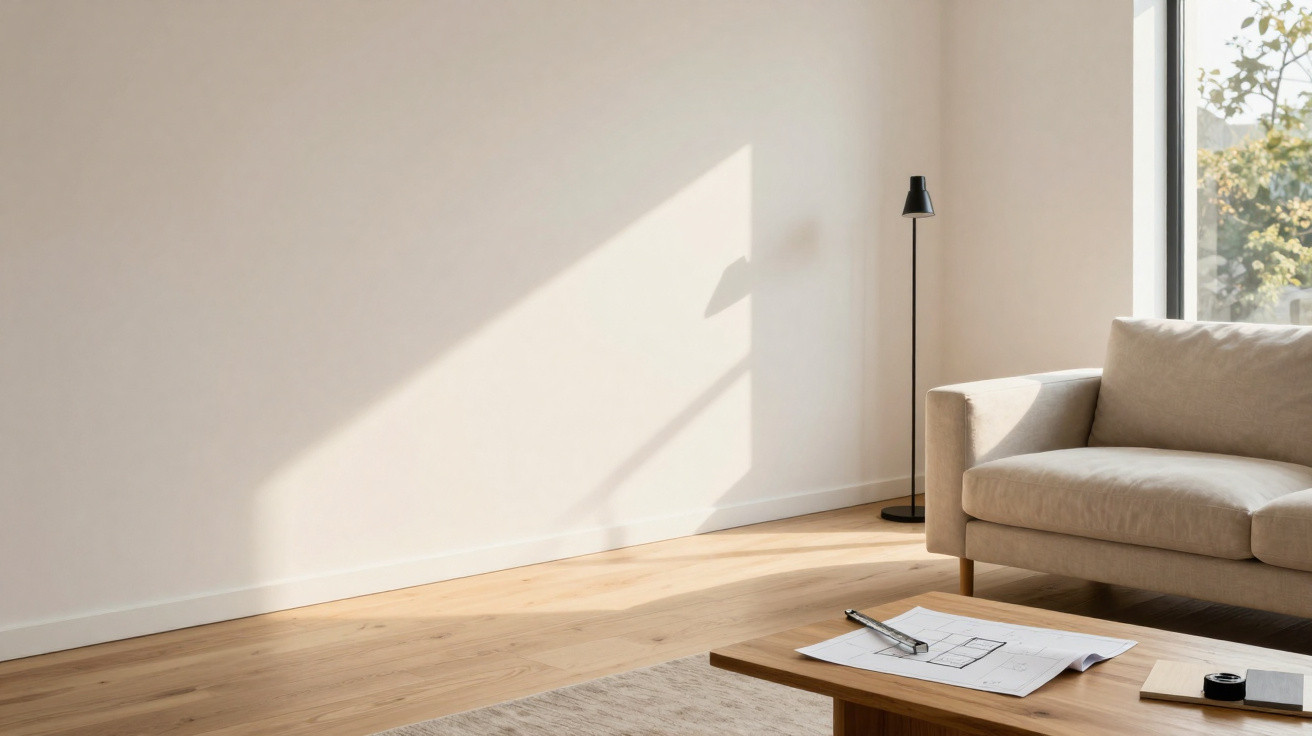 Sala moderna com sofá bege, janela ampla, candeeiro de pé e mesa com plantas e desenhos arquitetónicos.