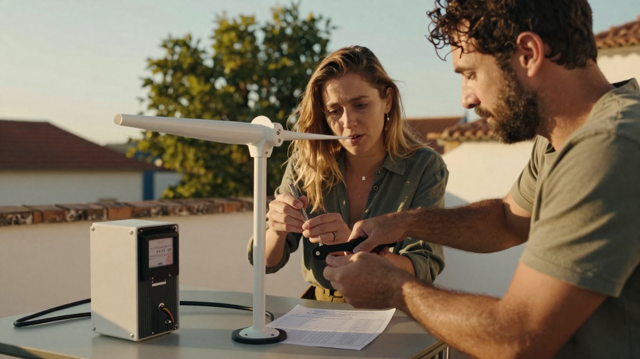 Duas pessoas montam equipamento técnico ao ar livre numa mesa branca ao pôr do sol.