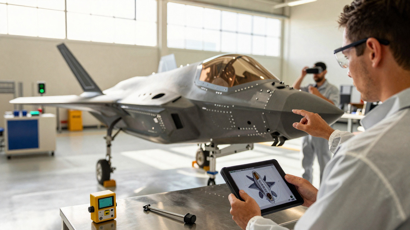 Engenheiro inspeciona modelo digital de avião militar numa fábrica com um jet furtivo ao fundo.