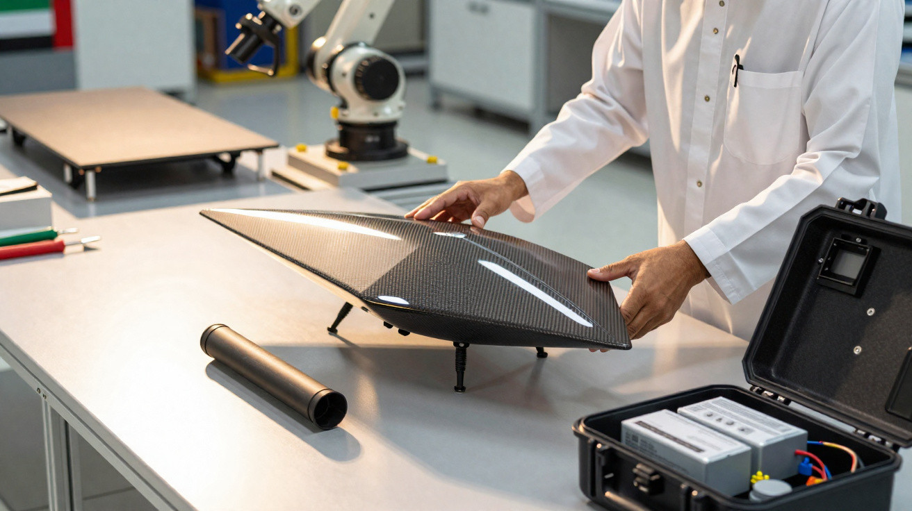 Pessoa com bata branca a manusear dispositivo triangular tecnológico numa bancada de laboratório com robô e material técnico.