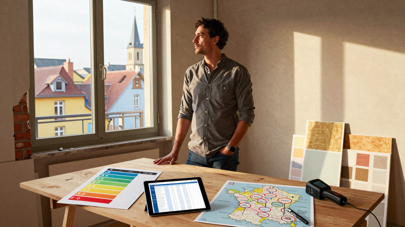 Homem de pé junto a mesa com tablet, mapa e gráficos num escritório com vista para janelas e cidade.