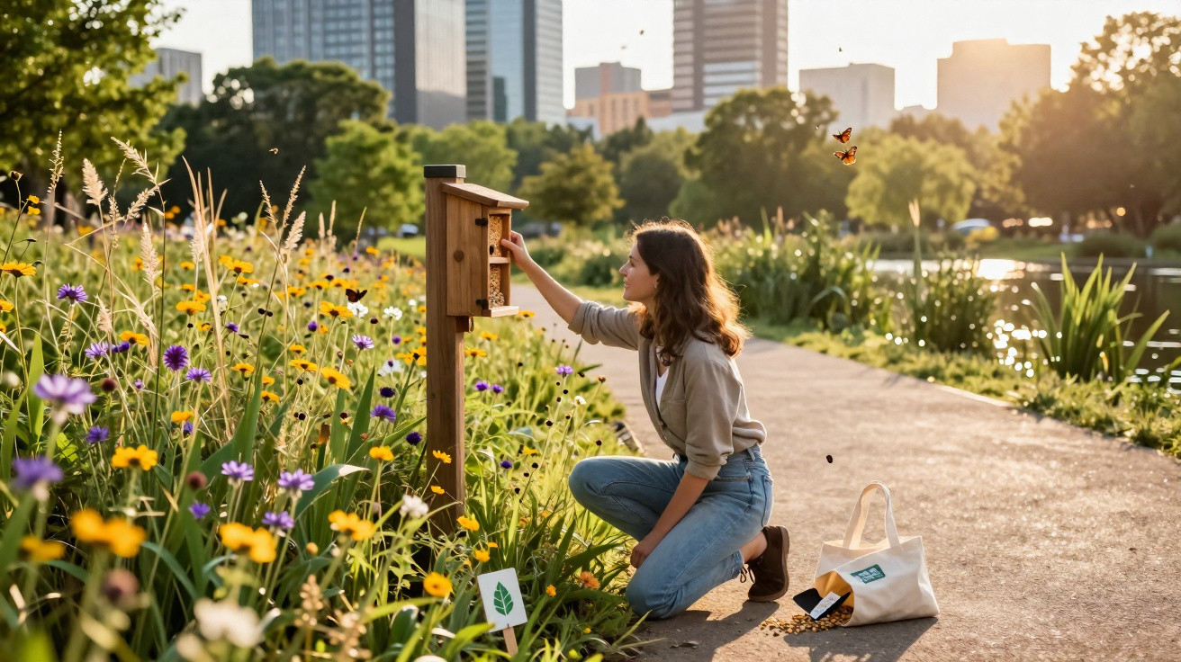 Mulher a colocar comida numa casa para insetos num parque florido com cidade ao fundo ao pôr do sol.