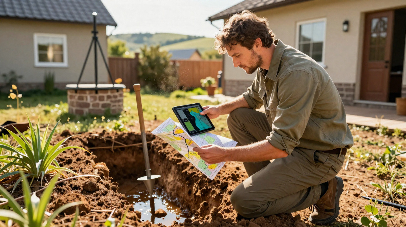 Homem a analisar um plano para um projeto de jardinagem num terreno com plantas e rega por gotejamento.