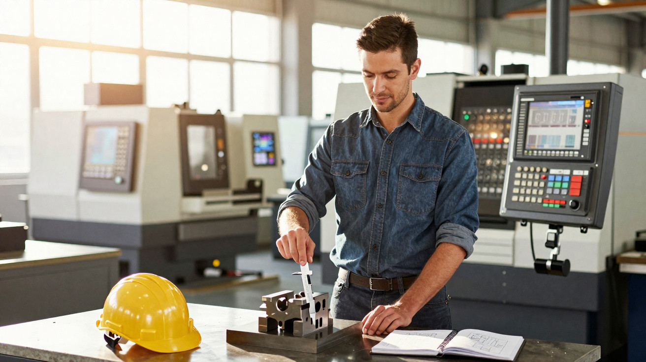 Engenheiro a operar máquina CNC em oficina industrial com capacete amarelo e ferramentas na mesa.