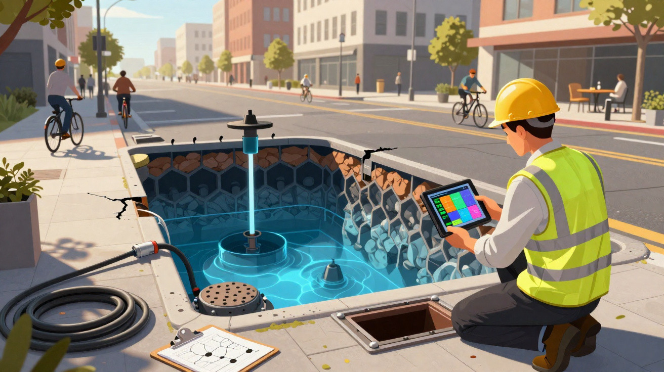 Engenheiro com capacete e colete a analisar dados junto a obra aberta numa rua urbana com ciclistas e edifícios.