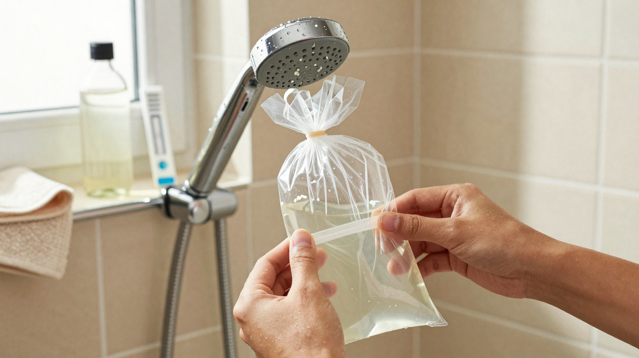 Mãos a colocar saco plástico com líquido no chuveiro para amaciar a água antes do banho.