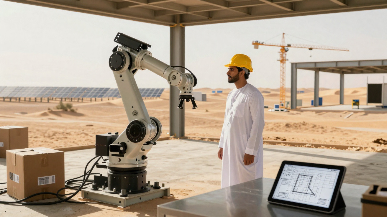 Engenheiro com capacete amarelo observa braço robótico numa instalação industrial no deserto com painéis solares.