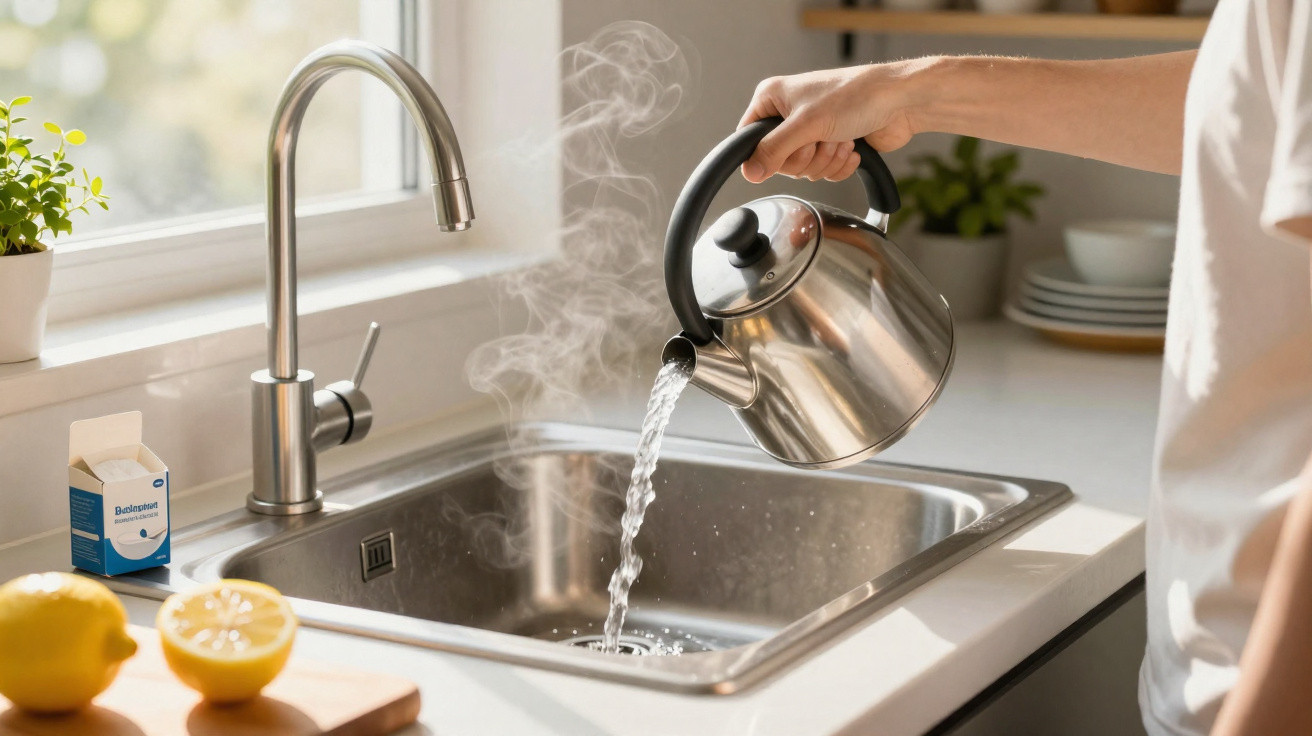 Pessoa a despejar água quente a fumegar de um bule de metal numa pia de cozinha moderna.