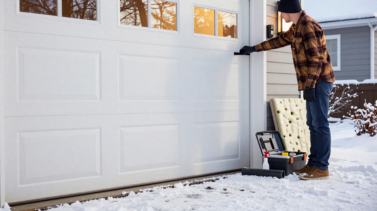 Homem com roupa de inverno tenta abrir uma porta de garagem branca durante o dia, rodeado de neve.