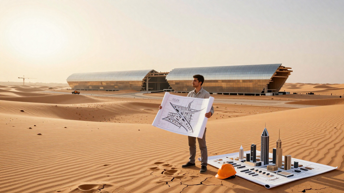 Homem com plantas e maquete de edifícios no deserto com estruturas metálicas futuristas ao fundo.