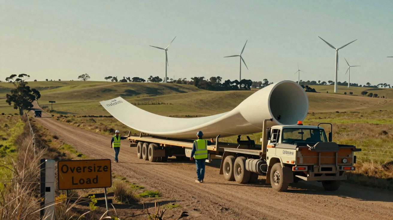 Camião transporta grande pá de turbina eólica enquanto dois trabalhadores de colete caminham ao lado em estrada rural.