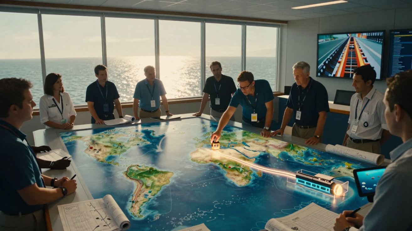 Grupo de pessoas em reunião a analisar mapa digital 3D de projetos de infraestruturas junto ao mar.