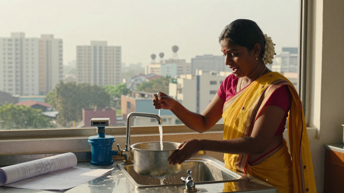 Mulher em sari amarelo enche panela com água numa cozinha com janela para edifícios urbanos.