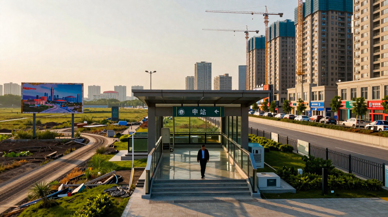Entrada de metro numa zona urbana em desenvolvimento, com arranha-céus e um homem a caminhar.