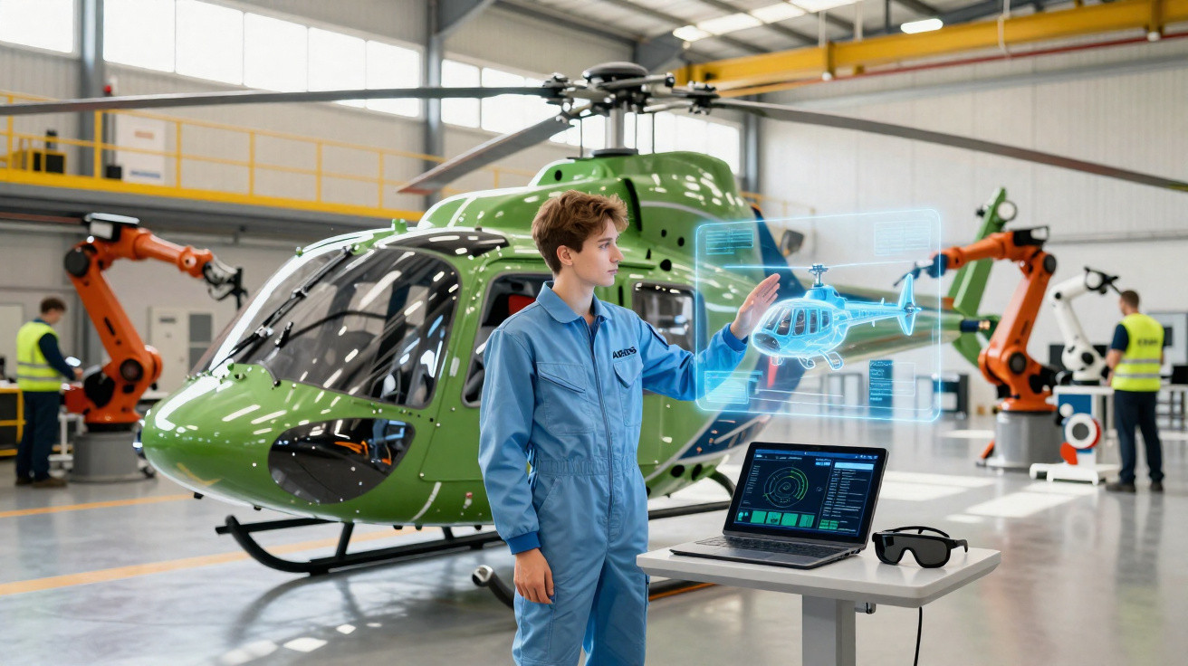 Engenheiro em fato azul interage com projeção holográfica de helicóptero em hangar tecnológico.