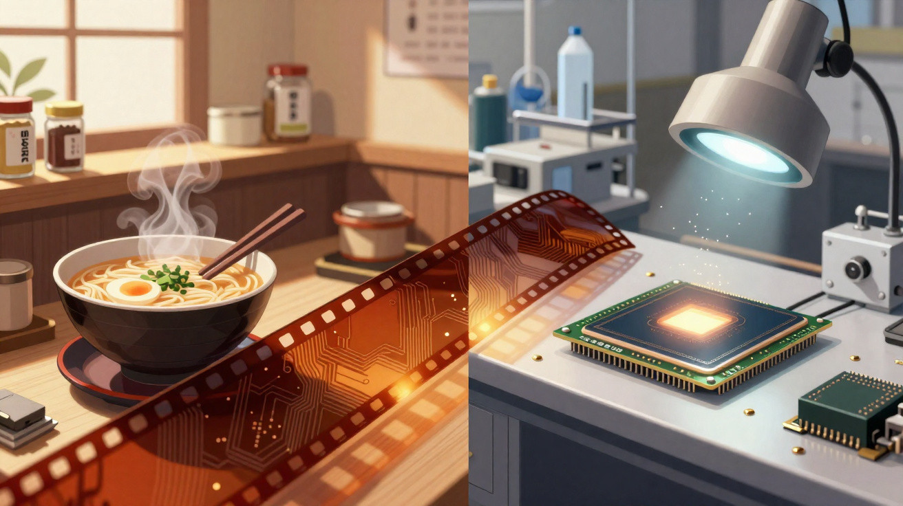 Tira de filme com circuito impresso conecta prato de ramen quente a microchip iluminado numa bancada de laboratório.