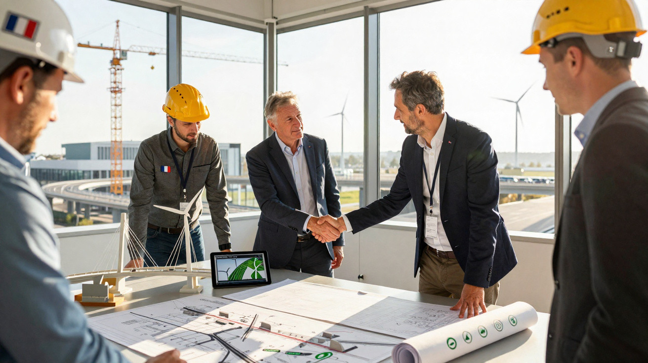 Reunião de engenheiros e arquitetos com capacetes a discutir projetos e apertar as mãos numa sala com vista urbana.