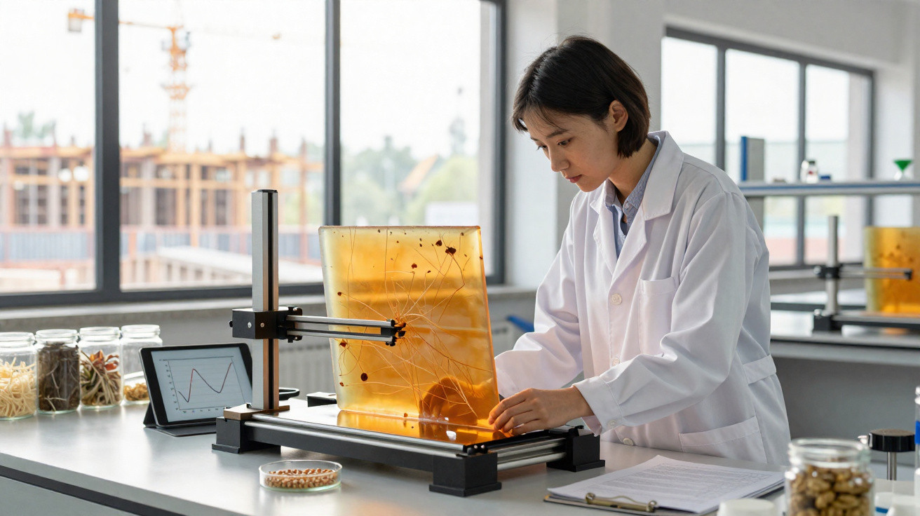 Mulher cientista em bata branca examina filme fotográfico amarelado num laboratório moderno.
