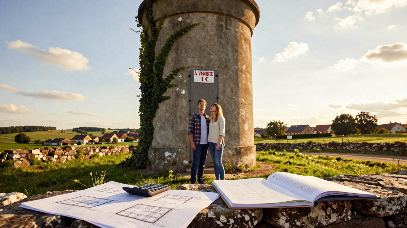 Casal junto a estrutura redonda com placa "À Vendre 1€" em campo rural e plantas ao redor.