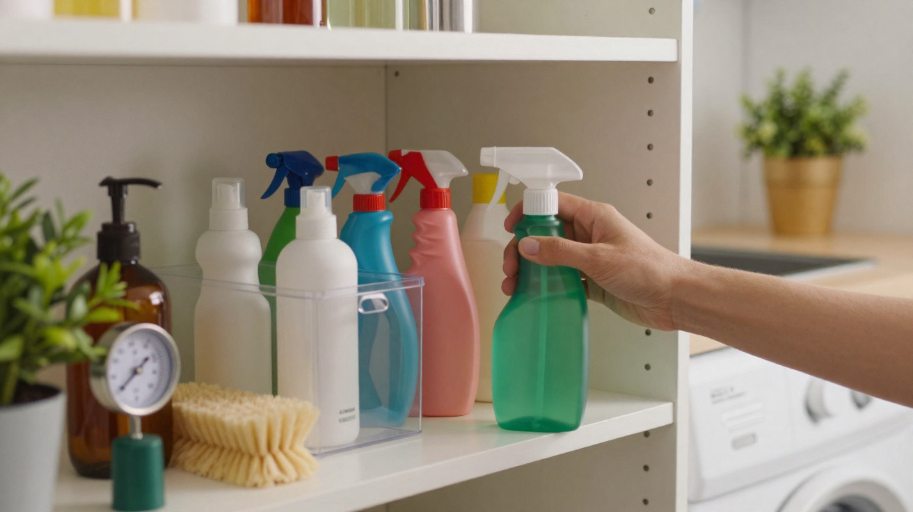 Mãos a apanhar frasco de spray para limpeza dentro de armário com vários produtos de limpeza.