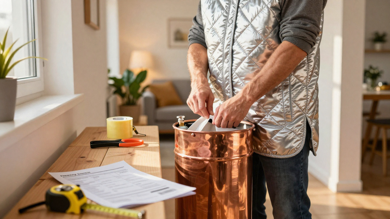Pessoa a medir tubo de cobre com fita métrica numa mesa com documentos e fita isoladora.