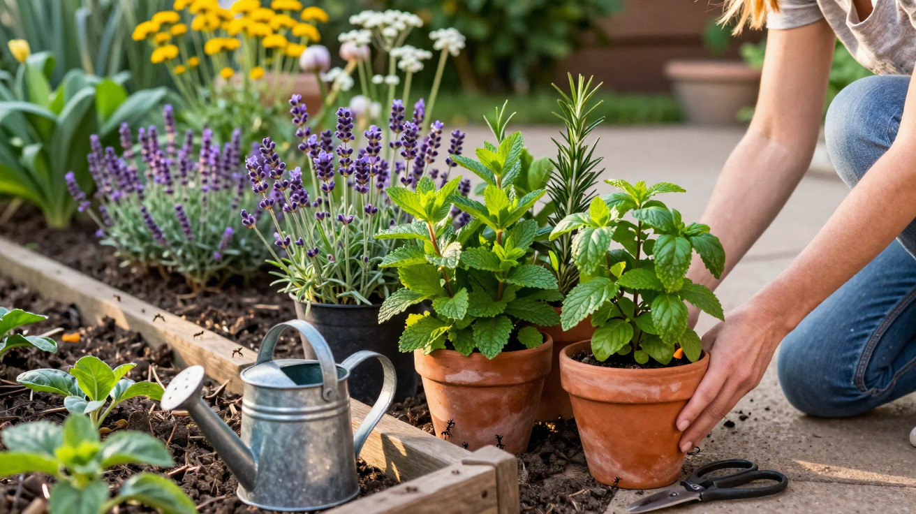 Pessoa a cuidar de plantas aromáticas em vasos num jardim com regador e tesoura ao lado.