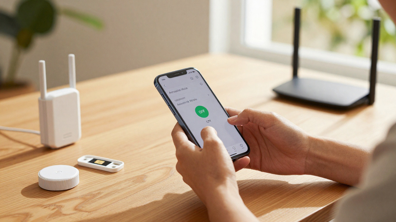 Pessoa a usar smartphone com aplicação de mensagens numa mesa de madeira com SIM card e router.