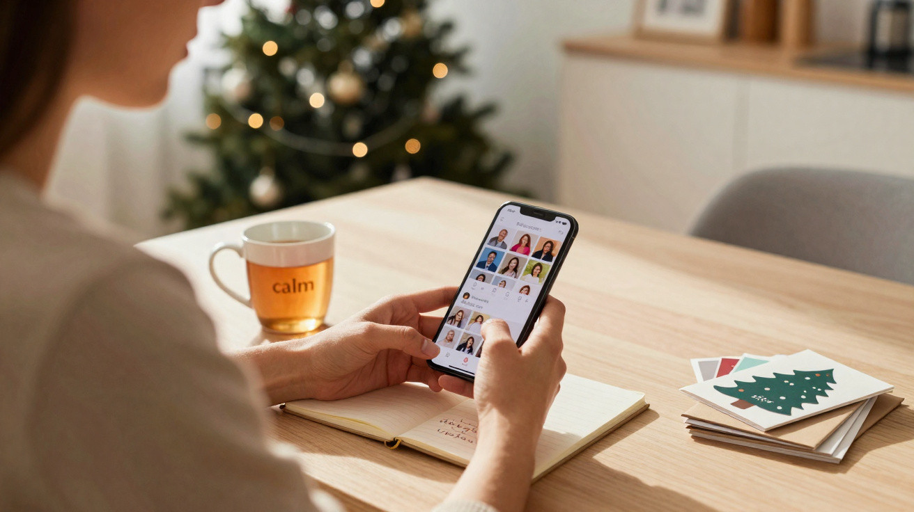 Pessoa a usar telemóvel junto a caderno aberto e chá numa mesa, com árvore de Natal desfocada ao fundo.