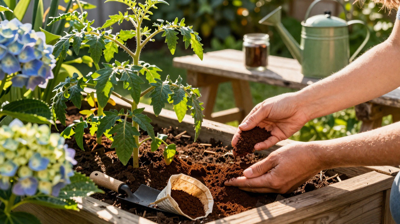 Pessoa a preparar terra numa caixa de madeira para plantar na horta com planta de tomate e flores ao lado.