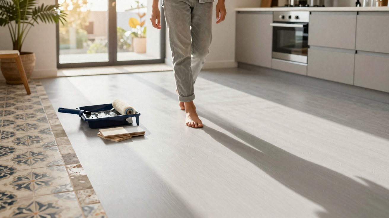 Pessoa descalça a caminhar numa cozinha moderna com luz solar e materiais de pintura no chão.