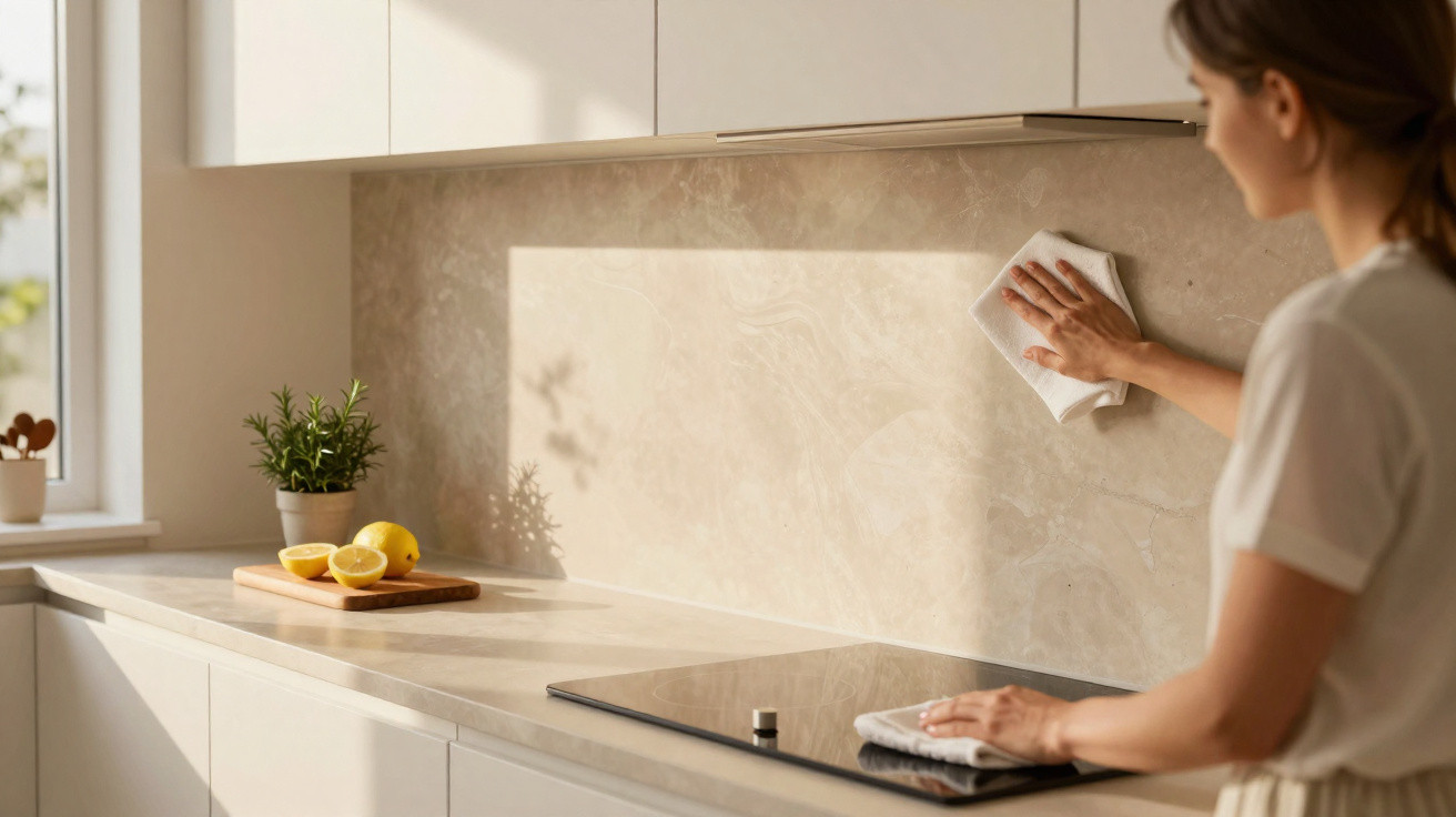 Mulher a limpar a parede da cozinha luminosa e moderna com um pano branco.
