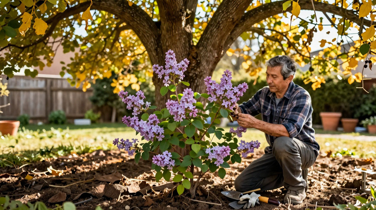 Homem adulto a cuidar de um arbusto com flores lilases num jardim com árvores e vasos.