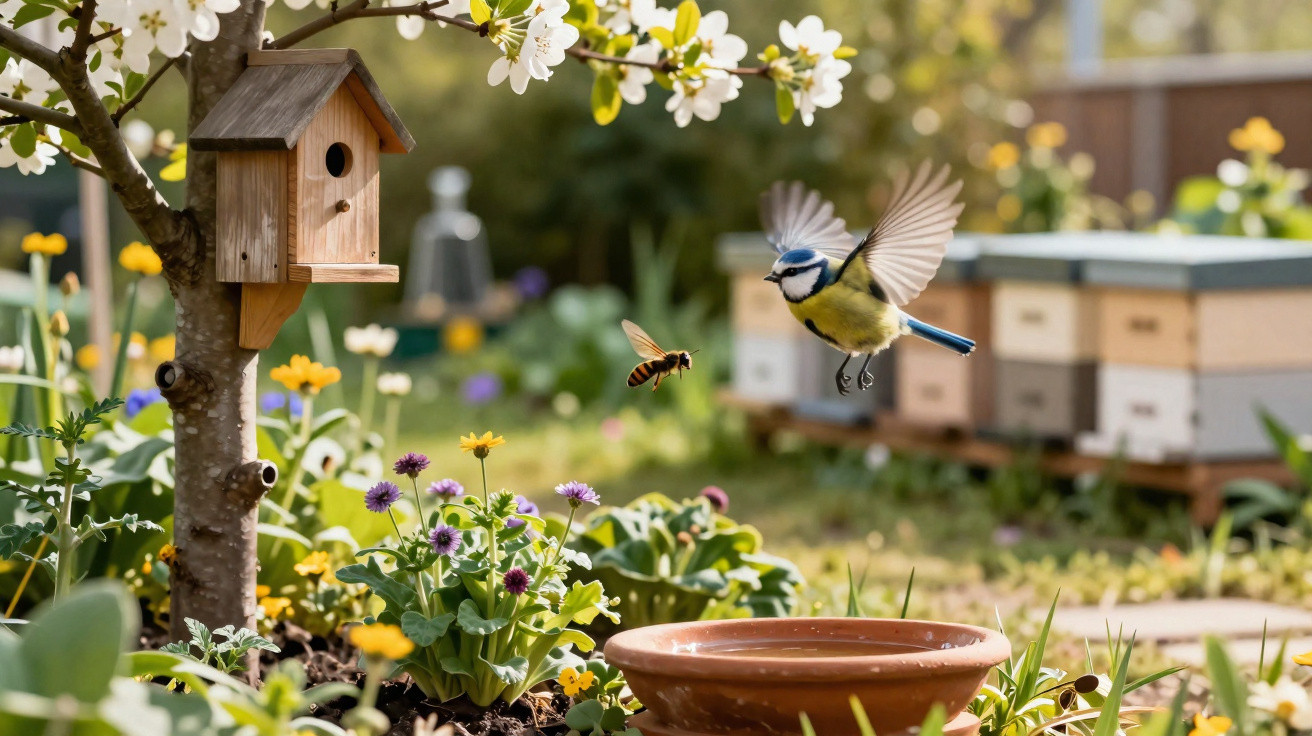 Pássaro e abelha em voo próximo a flores, casa de madeira e recipiente num jardim florido.