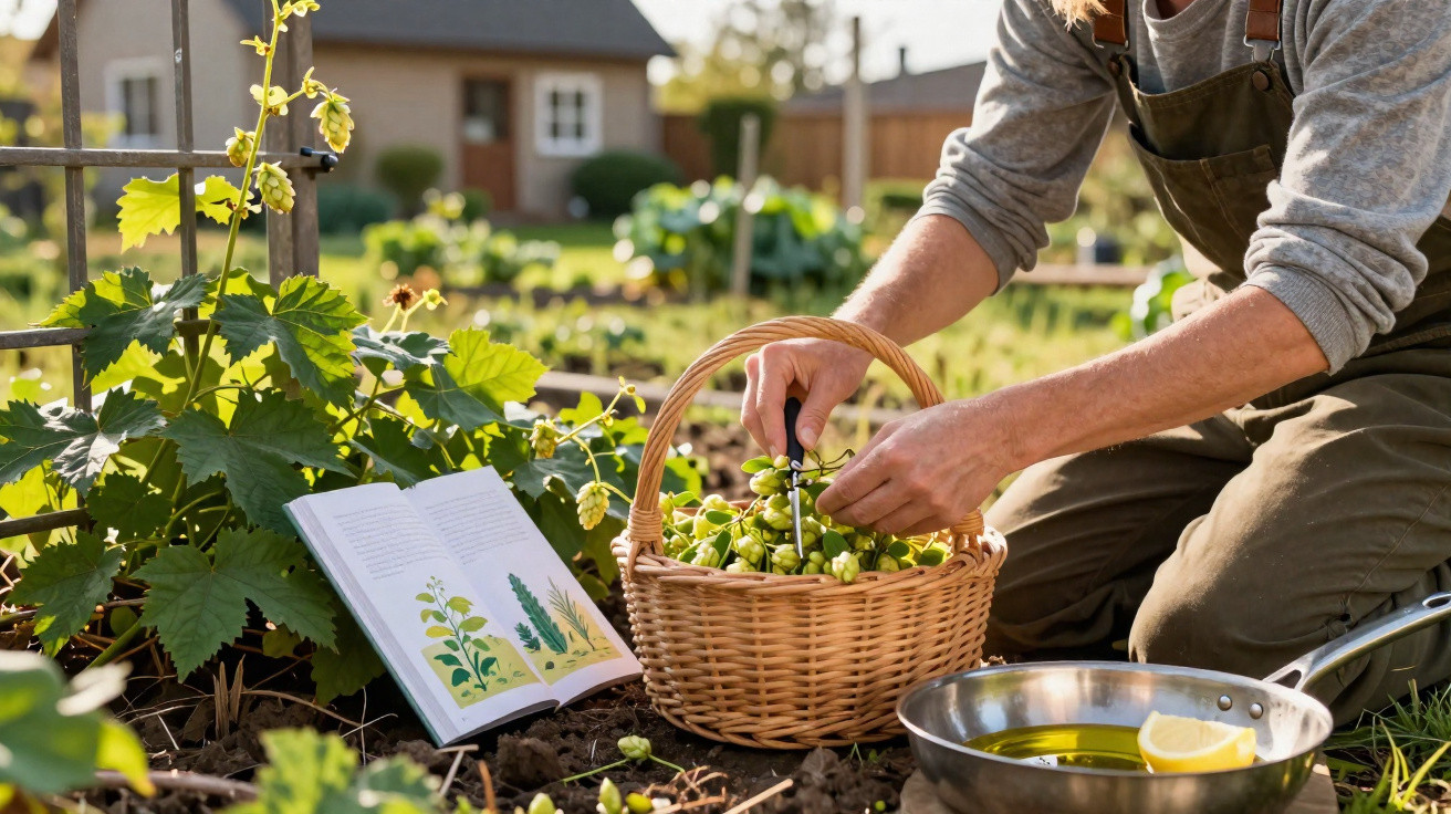 Pessoa a colher alfaces com livro de plantas e frigideira com limão num jardim ao ar livre.