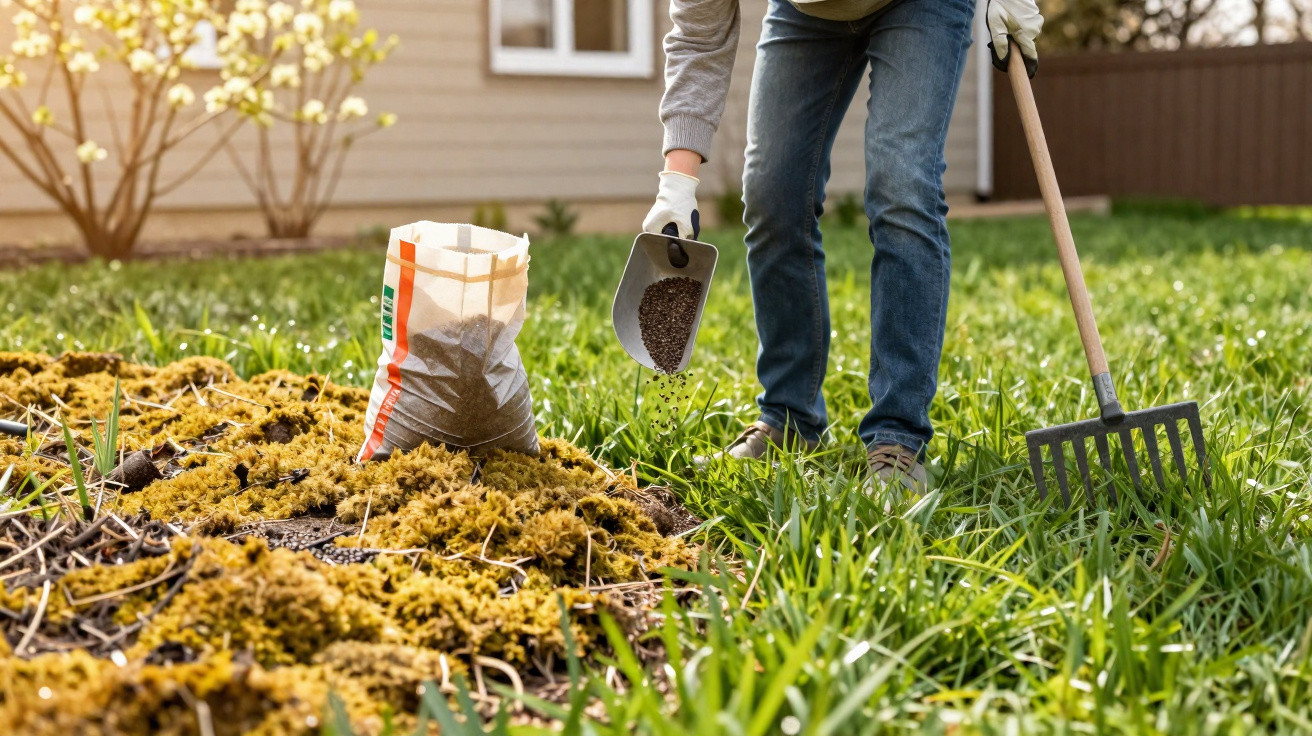 Pessoa a cultivar um jardim, espalhando fertilizante granulado no solo com ferramenta de jardinagem.